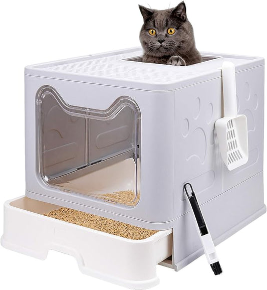 Foldable Cat Litter Box with Lid, Enclosed Potty, Large Top Entry Anti-Splashing Toilet, Easy to Clean Including Litter Scoop and 2-in-1 Cleaning Brush (Grey)-PawvioPets
