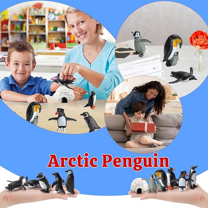 11PCS Penguin Toys, Plastic Arctic Animal Penguin Figures for Kids, Realistic Polar Animals Penguin Figurines Set with Igloo Model, Cake Topper Winter Miniature Toys Decoration-PawvioPets