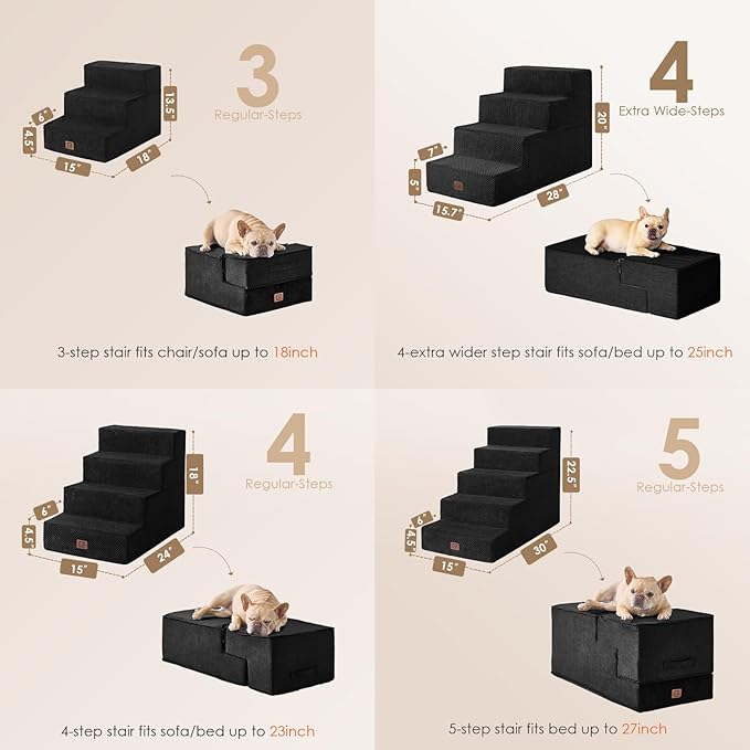 EHEYCIGA Dog Stairs for Bed 20" H, 4-Step Extra Wide Dog Steps for High Bed, Pet Steps for Small Dogs and Cats, Non-Slip Balanced Pet Ramp Indoor, Black-PawvioPets