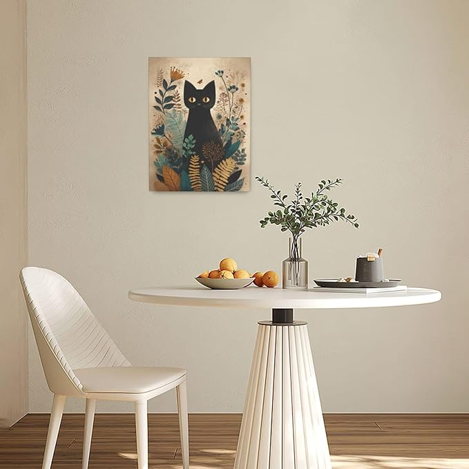 Boho Black Cat Wall Art Kitten Botanical Wall Decor Mid Century Modern Canvas Painting Print Minimalist Pictures Artwork Framed Decorations Gifts for Cat Lover Bathroom Nursery Living Room Bedroom Kitchen 12"x16"-PawvioPets