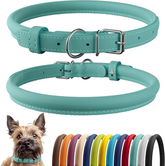 CollarDirect Rolled Leather Dog Collar, Soft Padded Round Puppy Collar, Handmade Genuine Leather Collar Dog Small Large Cat Collars 13 Colors (6-7 Inch, Mint Green Smooth)-PawvioPets