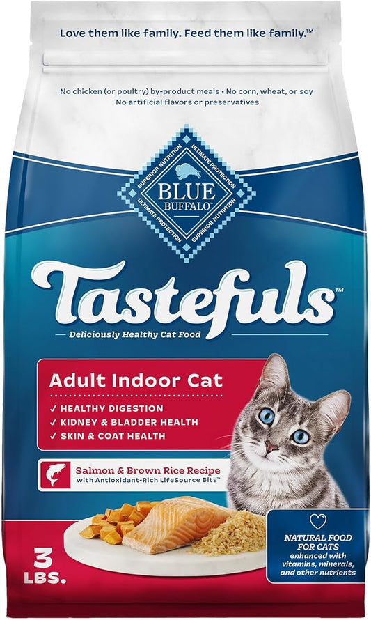 Blue Buffalo Tastefuls Natural Dry Food for Adult Indoor Cats, Salmon & Brown Rice Recipe, 3-lb. Bag-PawvioPets