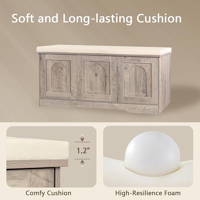 DINZI LVJ Shoe Bench, Entryway Storage Bench with Doors, Cushion, 2-Tier Shoe Rack with 6-Cubby, 39.4”L x 13.8”W Shoe Organizer Cabinet, Adjustable Shelf, Living Room, Bedroom, Greige-PawvioPets