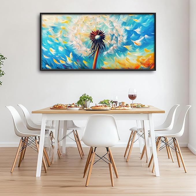 Extra Large Abstract Dandelion Framed Wall Art for Living Room,Oversized Colorful Dandelion Flower Pictures Wall Decor,Blue Canvas Print Painting Modern Artwork Bedroom Office Bathroom 60L" x 30W"-PawvioPets