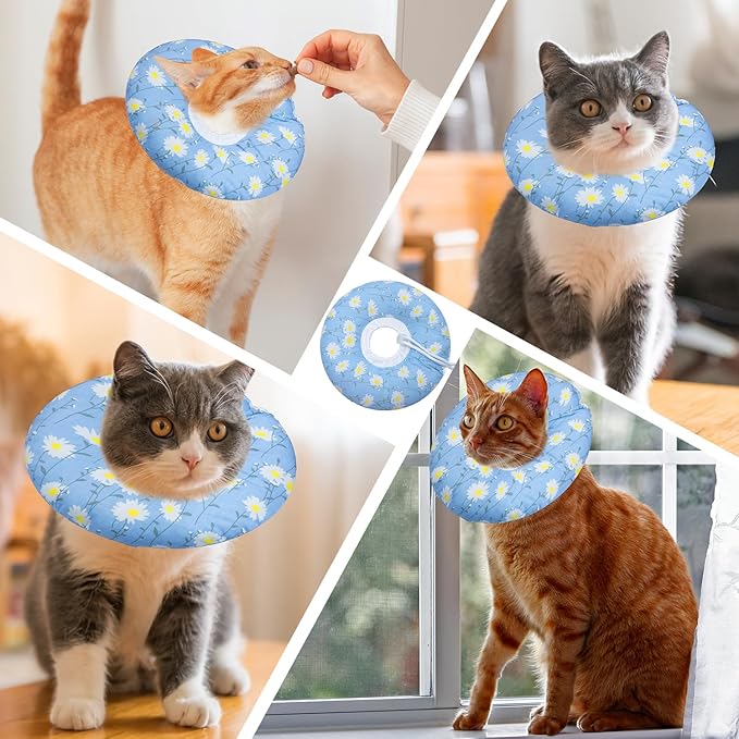Cat Cone Collar Soft, Adjustable Cat Recovery Collars Kitten Cones to Stop Licking, Cute Donut E Collar After Surgery, Wound Healing Elizabethan Collar for Kitten(Blue Daisy, Large)-PawvioPets