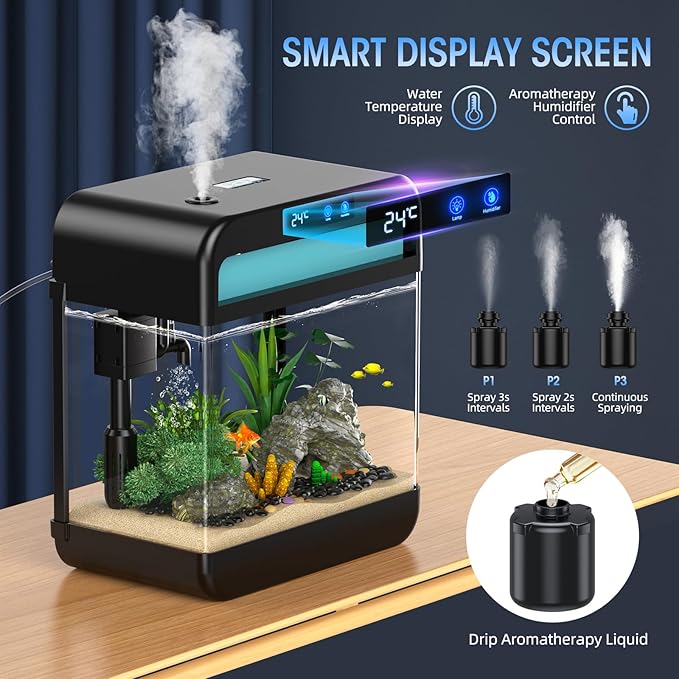 Fish Tank 2.2 Gallon Fish Bowl with Humidifier 7 Color Auto-Looping Light 3 in 1 Quiet Pump with Filteration & Oxygenation & Circulation, Temperature Display, HD Float Glass, Thickened Base-PawvioPets