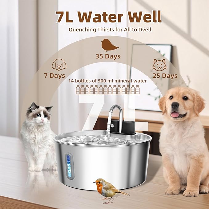 Dog Water Fountain Stainless Steel: 7L/236oz Cordless Large Dog Water Bowl Dispenser Automatic Cat Pet Water Fountain Indoor with Deeper Drinking Area, Multi-Pet Water Fountain with Ultra-Quiet Pump-PawvioPets
