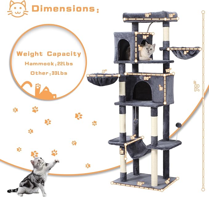 70-Inch Cat Tree,Large Cat Tree Tower with Hammock, Scratching Post, Condo and Multi-Level Cat Tower for Large Cats, Cat Activity Center Playhouse, Dark Gray LCT016-PawvioPets
