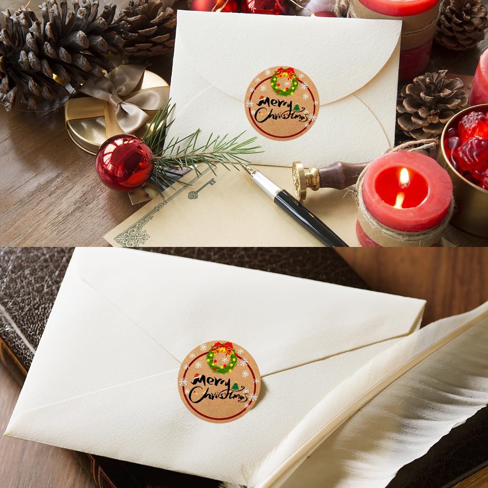100-1000pcs Custom Stickers Merry Christmas Stickers Personalized Labels Adhesive Xmas Decorative Envelope Seals Stickers for Cards Gift Boxes (Round Kraft -1)