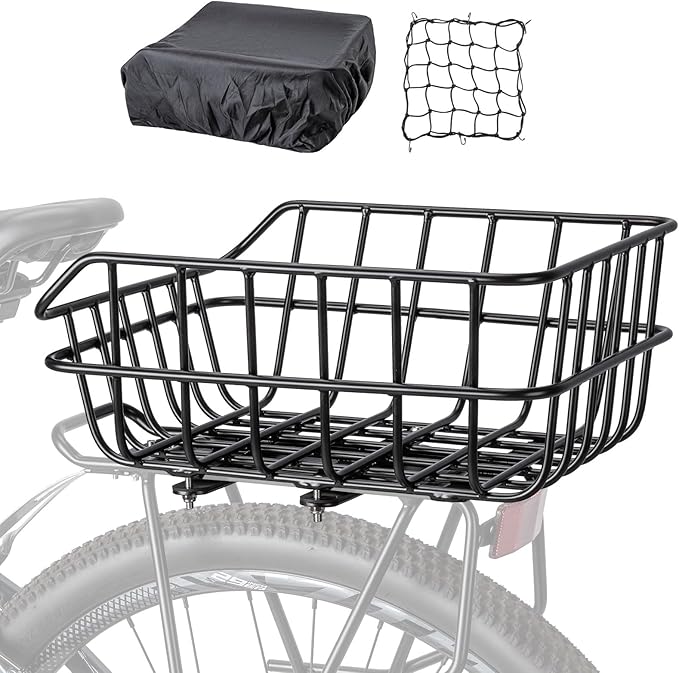 CXWXC Rear Bike Basket - Bicycle Rear Basket with Cargo Net and Waterproof Cover - Rear Mount Aluminium Bike Basket Large Capacity-PawvioPets