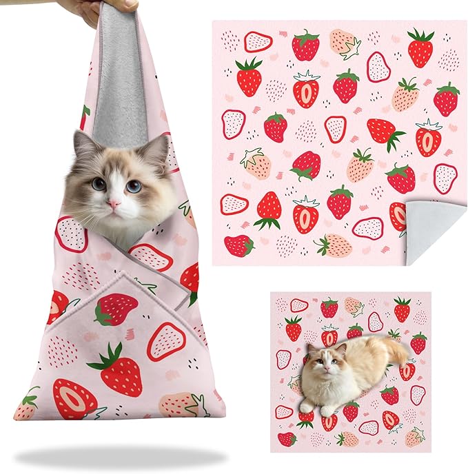 27.6" Cat Grooming Wrap, Self Adhesive Cat Wrap for Cutting Nails, Anti-Escape Calming Cat Swaddle Wrap for Medicine Ear Cleaning, Strawberry Anti-Scratch Cats Burrito Restraint Blanket, Pet Tool-PawvioPets