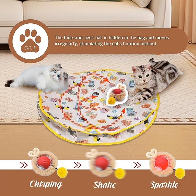 28-Inch Automatic Cat Toys Cat Play Mat with Motion-Activated Rolling Ball–Interactive Hide-and-Seek Cat Toy for Indoor Cats’ Exercise-PawvioPets