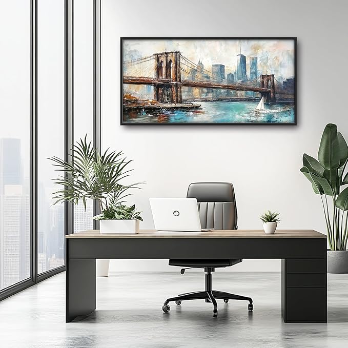 Extra Large Framed Brooklyn Bridge Wall Art,New York City Wall Decor,Abstract Skyline Cityscape Pictures for Living Room,Canvas Print Painting Modern Artwork Bedroom Office Bathroom 60L x30W-PawvioPets