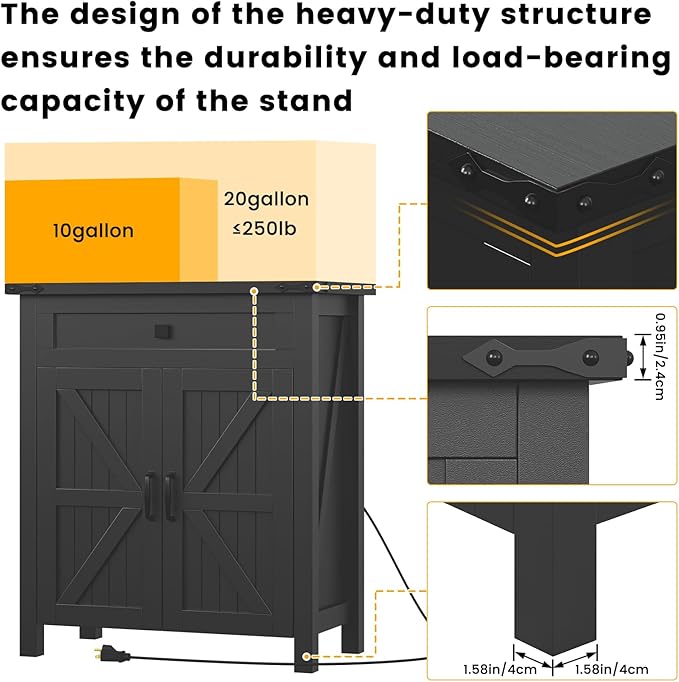 20 Gallon Aquarium Stand With Charging Station, Farmhouse Fish Tank Stand, Reptile Tank Stand Terrarium Stand with Drawer and Cabinet Storage, Sturdy Heavy Duty 27.6"×15.7" Tabletop - Black-PawvioPets