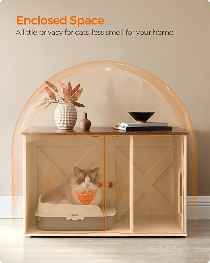 Feandrea Cat Litter Box Enclosure, Litter Box Furniture Hidden with Removable Divider, Indoor Cat House, End Table, 31.5 x 20.9 x 19.7 Inches, Honey Brown and Rustic White UPCL002P01-PawvioPets
