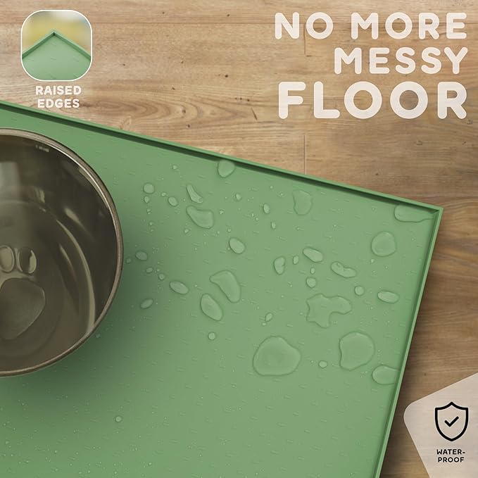 Dog Food Mat - 28x18 Raised Edges Dogs Mat for Food and Water Prevent Spill, Waterproof Cat Food Mats Protect Floors, Easy Clean Dog Bowl Mats for Food and Water, Silicone Pet Feeding Placemats Green-PawvioPets