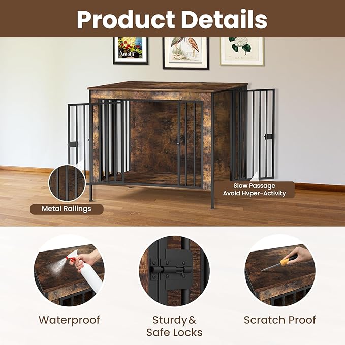 Dog Crate Furniture 40" Sturdy Heavy Duty Dog Kennel Solid Metal Tube Thick Wooden with 3 Lockable Doors Single Dog Cage Large Breed as TV Stand End Table for Large Dog Rustic Brown-PawvioPets