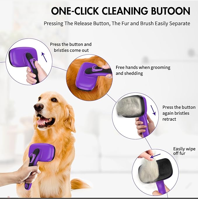 3 PCS Dog Grooming Brush Kit – Self Cleaning Slicker Brush for Shedding Short & Long Haired Dogs & Cats. Removes Loose Fur, Undercoat, Mats, Tangles for Small, Medium & Large Pets. Purple-PawvioPets