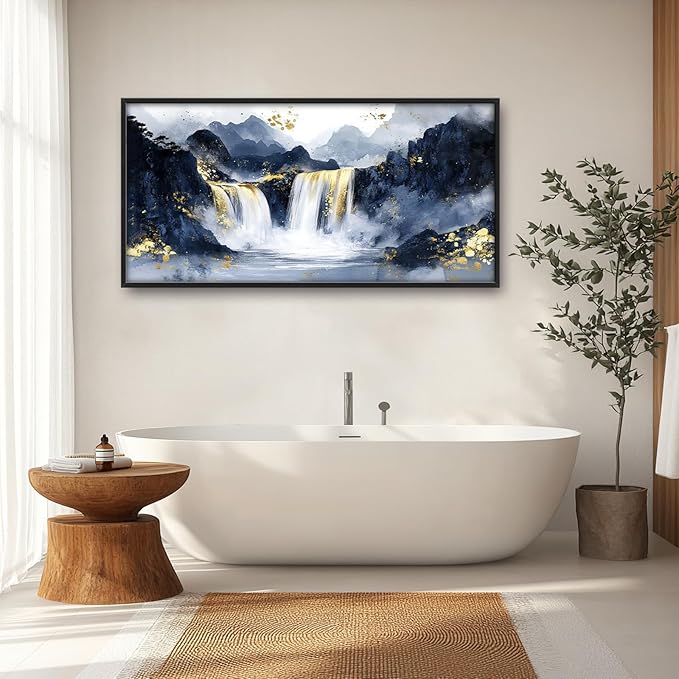 Extra Large Abstract Golden Waterfall Framed Wall Art for Living Room,Oversized Foggy Mountain Pictures Wall Decor,Canvas Print Painting Modern Artwork Bedroom Office Bathroom 60L" x 30W"-PawvioPets
