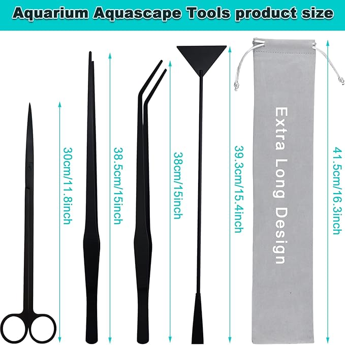 Aquarium Aquascape Tools Kit, Long 15 Inch Stainless Steel Aquatic Plants Tools, 4 in 1 Anti-Rust Black Aquascaping Tweezers Scissors Spatula Scrapers Tool Set for Fish Tank Cleaning Plant Trimming-PawvioPets