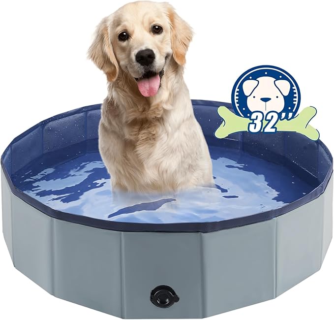 Foldable Dog Bath Swimming Pool Plastic Kiddie Pool Professional Tub Collapsible Grooming Bathtub for Pets Kids Baby and Toddler, 32 x 8 Inches Gray-PawvioPets