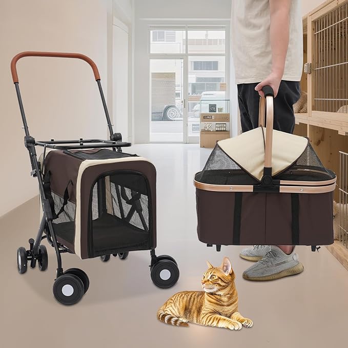 Foldable Pet Stroller for Small & Medium Dogs, Double Dog & Cat Stroller with 3-in-1 Travel System, Detachable Pet Carrier with Wheels for Cats and Dogs up to 77 lbs, Coffee Color-PawvioPets