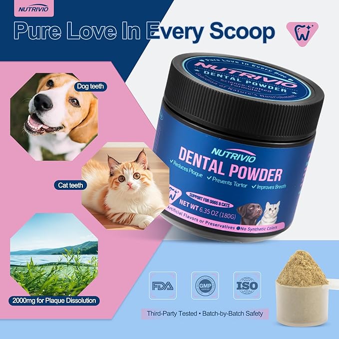 Dental Powder for Dogs & Cats - 5 Strains of Probiotics with 10B CFU, Natural Ingredients for Plaque & Tartar Control, Fresh Breath Oral Care,Safe for All Breeds & Ages Pets - 6.35oz(180g)-PawvioPets
