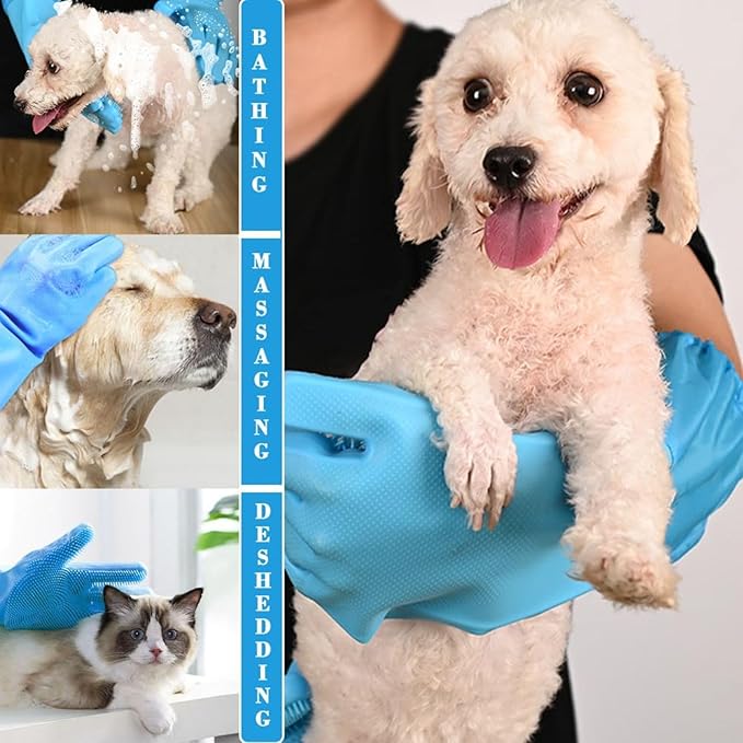 Dog Washing Gloves, Pet Grooming Gloves with Soft Brushes, Bathing and Massaging for Dogs and Cats, Silicone Heat Resistant Cleaning Gloves with High-Density Teeth (Blue)-PawvioPets
