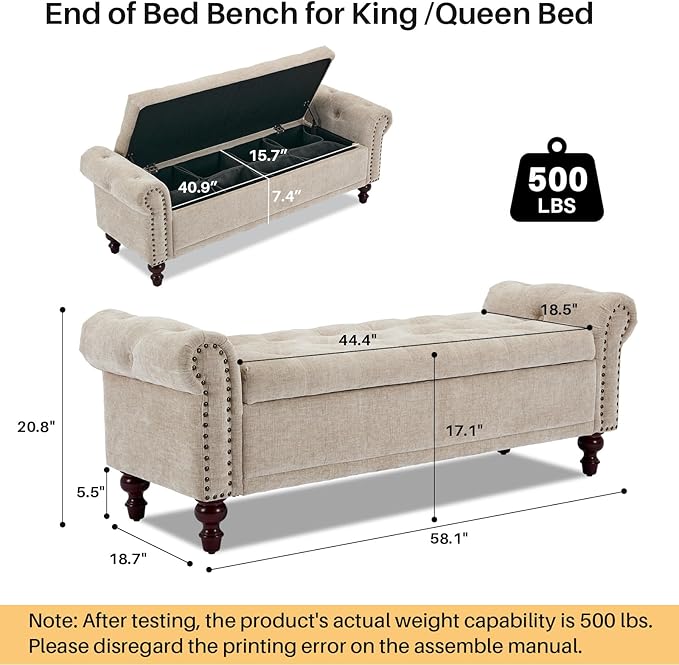 58.1'' Storage Bench Upholstered Chenille End of Bedroom Bed Bench Ottoman with Tufted Cushioned Rolled Arm Large Storage Space for Reading Living Room Entryway, Light Brown-PawvioPets