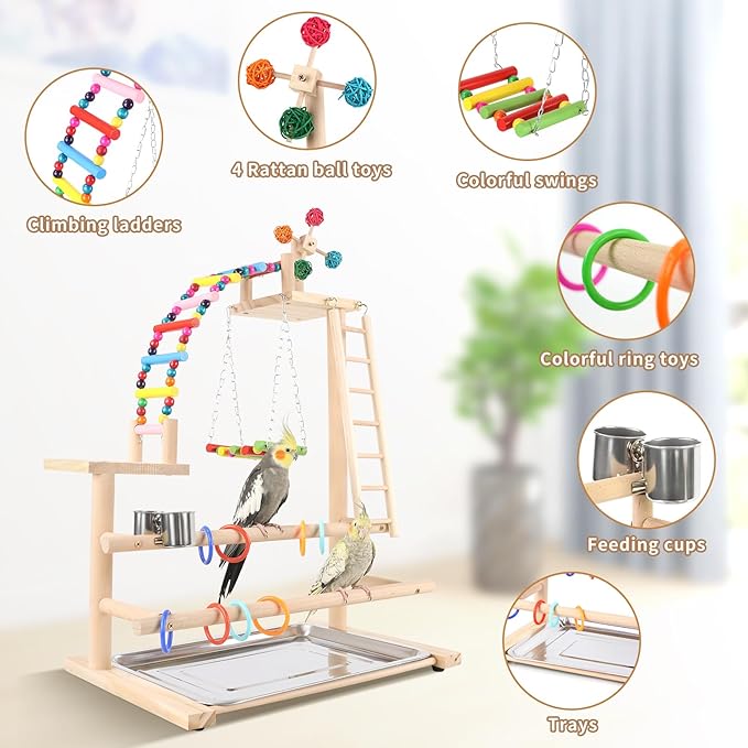 Bird Playground, Perch Stand Parrot Playstand Play Gym with 2 Perches Stand Windmill Toys, Playpen for Parakeet Conure Cockatiel Lovebird Budgie Caique, Exercise Playgym with feeding Cups-PawvioPets