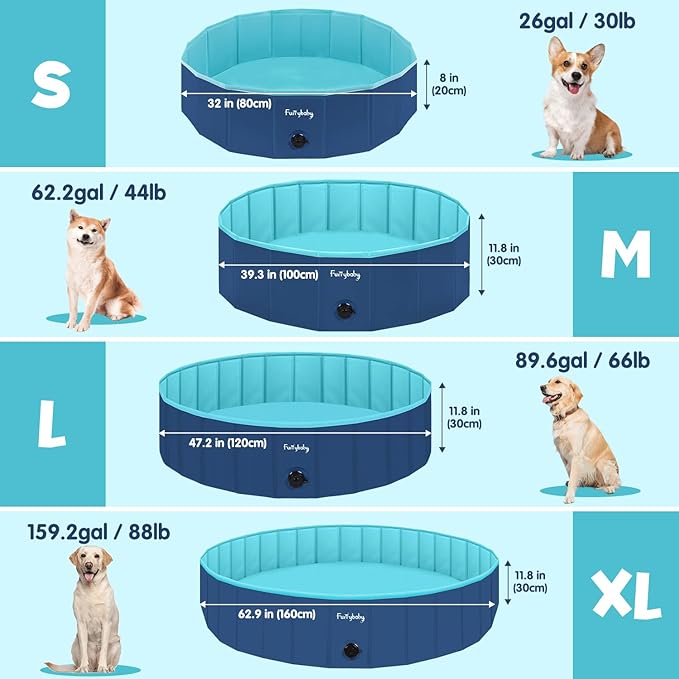 Furrybaby Dog Pool, Kiddie Pool with Hard Plastic Foldable Dog Bath Tub Portable for Dogs, Kids and Pet Swimming (Navy 39'') Indoor and Outdoor-PawvioPets
