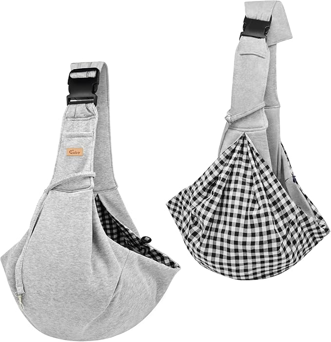 CUBY Dog and Cat Sling Carrier, Hands Free Reversible Pet Papoose Bag, Soft Pouch Adjustable, Suitable for Puppy Cats for Outdoor Travel (Grey, M-Adjustable Strap)-PawvioPets