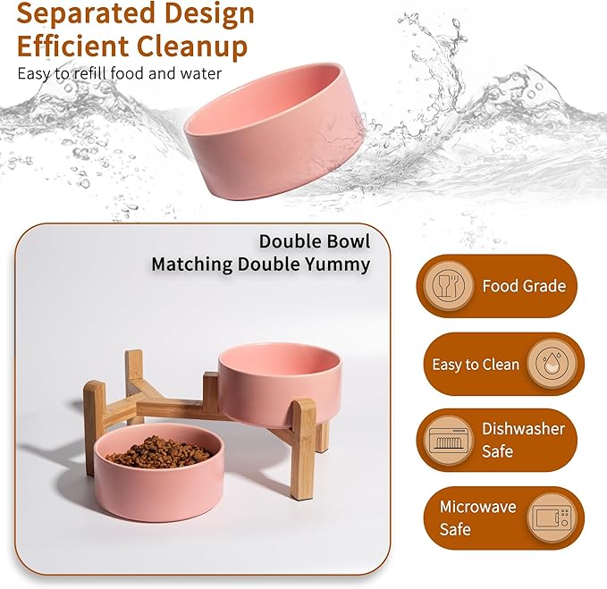Elevated Ceramic Dog Bowl Set - Raised Dog Bowls with Non-Slip Bamboo Stand - Dog Food and Water Bowl Set - Double Dog Feeding Bowls - Suitable for Small and Medium Dogs - 28.74 OZ - 3.6 CUPS - 850 ML-PawvioPets