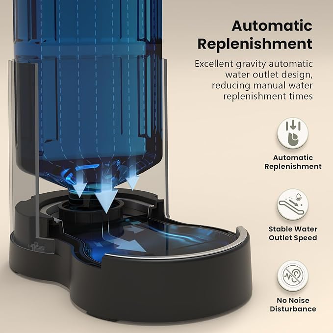 CZPET Automatic 4L/1Gal/135Oz Cat Water Dispenser with Stainless Steel Bowl, Gravity Waterer for Small Medium Dog Puppy Kitten (Black)-PawvioPets