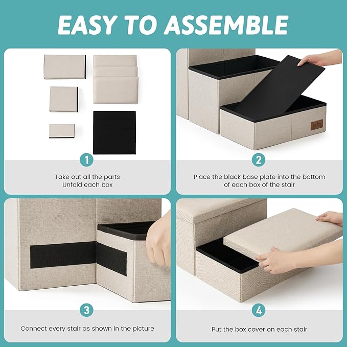 Dog Stairs with Storage, 3-Step Wider Sturdy Dog Steps for Small/Medium/Large Dogs and Older Cats, Folding Doggie Ramp for Bed/Couch/Car Hold Up to 180 lbs (16.7" H, Beige)-PawvioPets