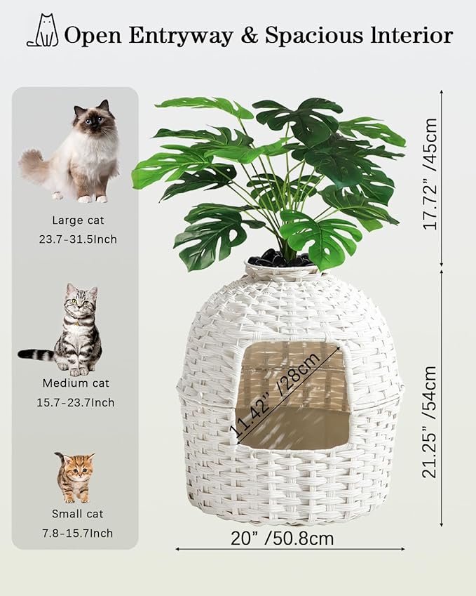 Cat Litter Box Plant Enclosure, Hidden Handwoven Rattan with Cat Litter Box Furniture and Artificial Plants, Odor Control Filter, Real Stones in Living Room, Bedroom, Corner (White)-PawvioPets