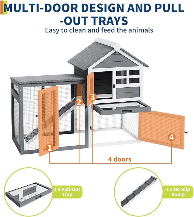 2-Tier Rabbit & Chicken House,Wooden Chicken Coop & Bunny Cage with Non-Slip Ramp, 4 Doors,Waterproof Roof & Pull-Out Tray,Outdoor/Indoor Pet Cage-PawvioPets