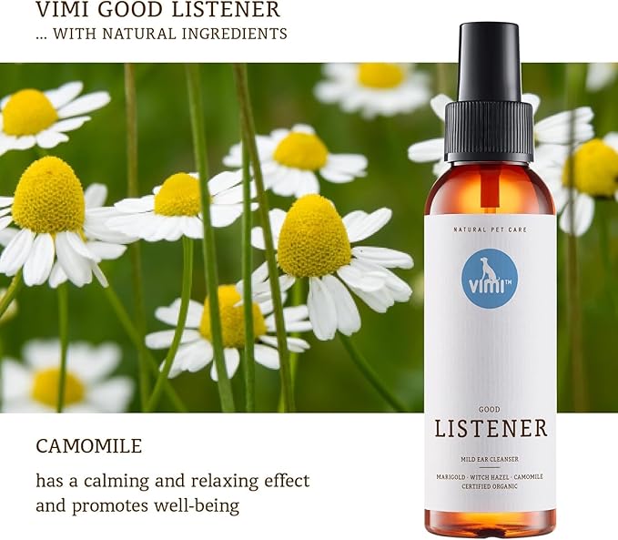 animaux vimi Ear Cleaner Good Listener - Ear Cleaner Spray for Sensitive Dog Ears - Ear Care with Camomile, Calendula & Witch Hazel - for Thorough & mild Cleaning - 3.38 Fl Oz-PawvioPets