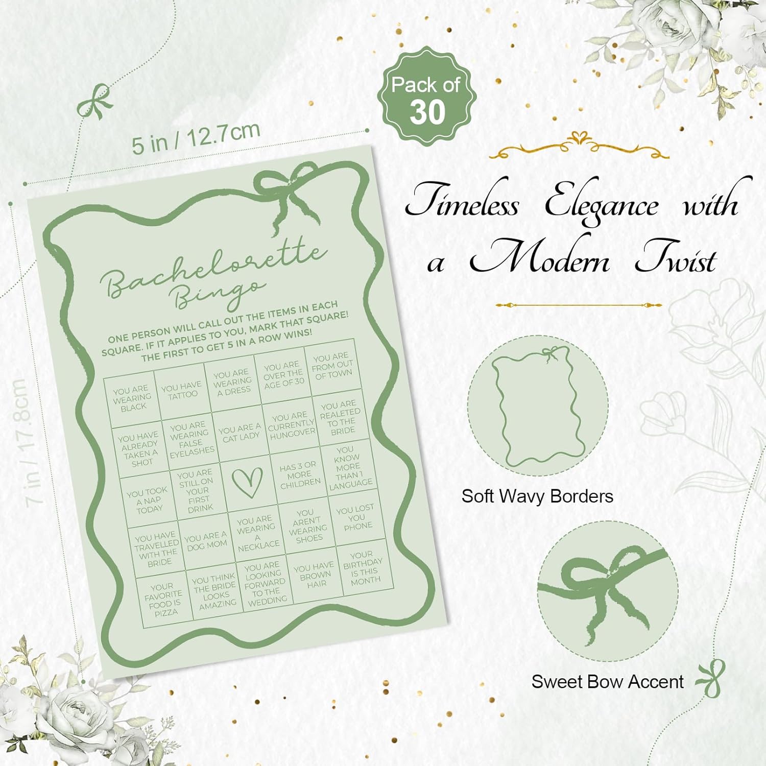 DEEKA 30 PCS Bridal Shower Games Card for 30 Guests Sage Green Wavy Border Ribbon Bow Funny Wedding Bachelorette Party Games for Reception (Bachelorette Bingo)