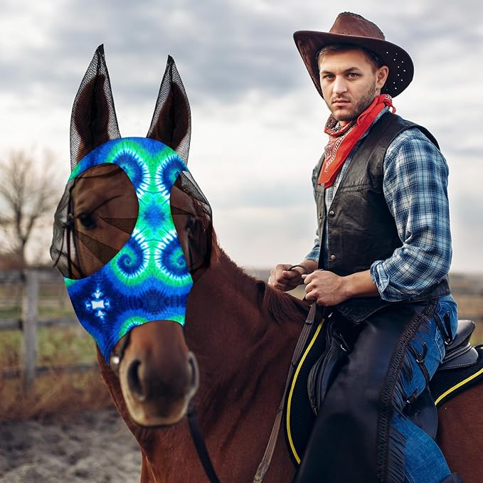 Frienda 4 Pieces Horse Fly Masks with Ears Face Covering UV Protection from Insect Pests Elasticity Smooth Comfortable Mesh Horse Mask Accessories(Tie-dye,Medium)-PawvioPets