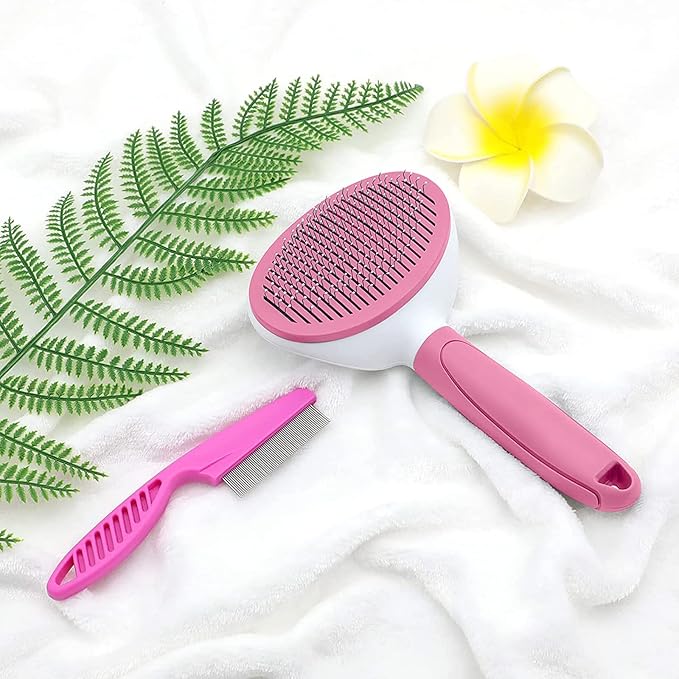 Cat Brushes for Indoor Cats, Dog Brush for Shedding with Metal Cat Comb, Self Cleaning Pet Hair Brush with Release Button for Grooming Kitten(Pink)-PawvioPets