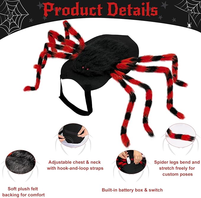 Dog Halloween Costume Large Breed, Furry Dog Spider Costume with 64 LED, Funny Halloween Dogs Costumes for Large Dogs Medium Pet Halloween Party Cosplay (Red)-PawvioPets