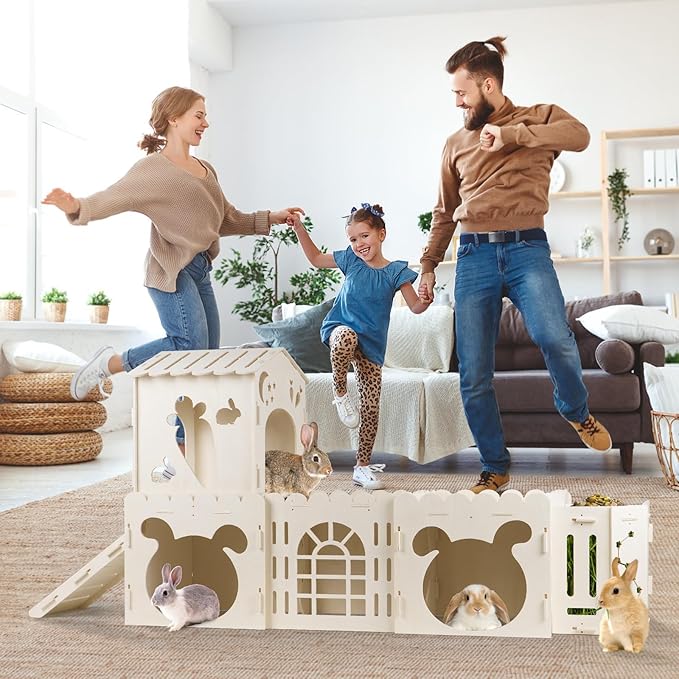 Extra Large Rabbit House, Wooden Bunny House Hideout with 4 Houses and Hay Feeder Indoor, Rabbit Guinea Pig Hideout Multistory Climbing Tower Sturdy Wooden Castle, Small Animal Hideaway Tunnel-PawvioPets