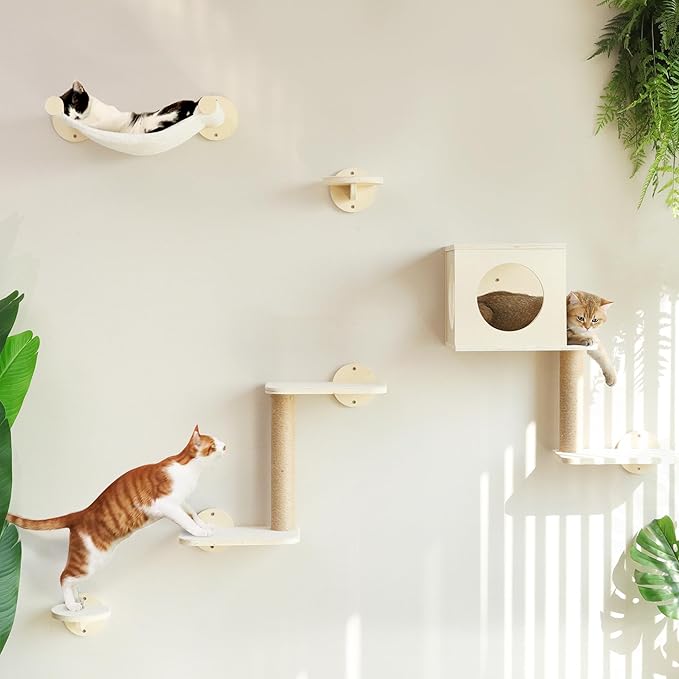 FUKUMARU Cat Wall Shelves, 5-Piece Stable Wooden Wall-Mounted Furniture Set, Kitty Climber with Hammock, House, Steps, Scratching Post (Beige)-PawvioPets
