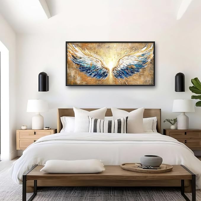 Extra Large Angel Wings Framed Wall Art for Living Room,Oversized Golden Wings Pictures Wall Decor,Holy Gold Blue Canvas Print Painting Modern Artwork Bedroom Office Bathroom 60L" x 30W"-PawvioPets