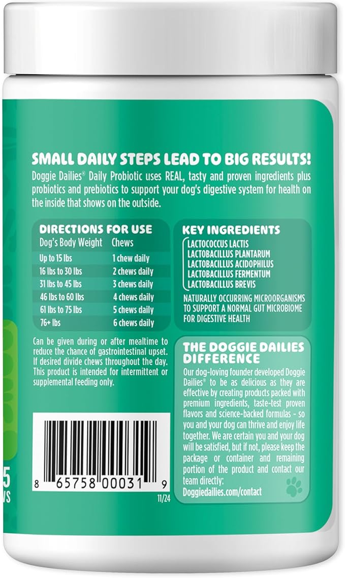 Doggie Dailies Probiotics for Dogs, Advanced Probiotics with Prebiotics, Promotes Digestive Health, Supports Immune System & Overall Health, Duck Flavor, 225 Chews-PawvioPets
