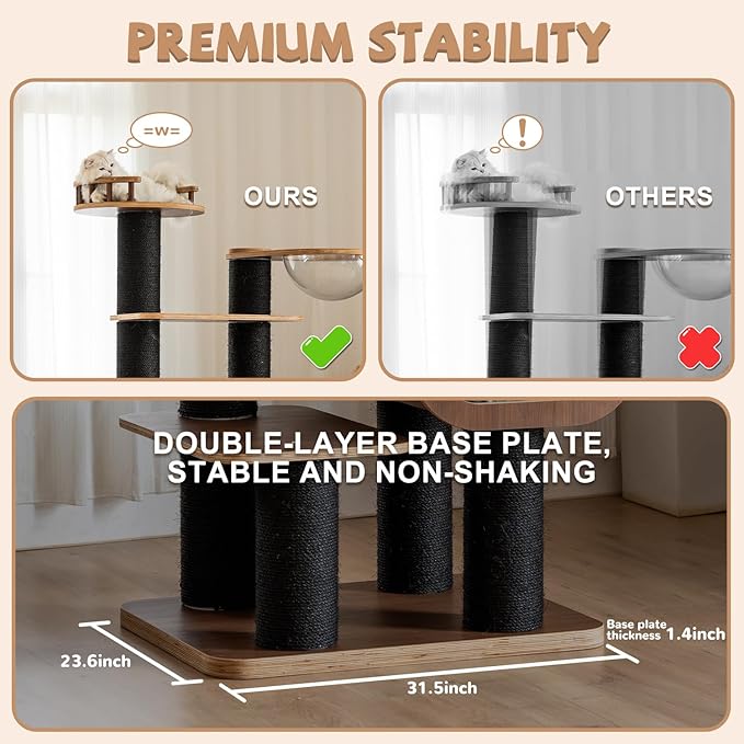 70.8'' Tall Luxury Cat Tree,All i,ne One Black Walnut Wood Modern Cat Tower for Indoor Large,Huge Multi-Level Cat Furniture with Scratching Posts,Condo,Cushion,Clear Bowl,Platform for Home Decoration-PawvioPets