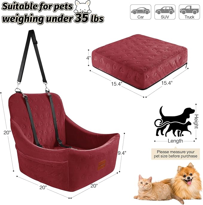 Dog Car Seat for Medium Dogs, Pet Travel Bed with Seat Belt Channel, Fully Detachable and Washable, 3 Straps Easy to Install (Red)-PawvioPets