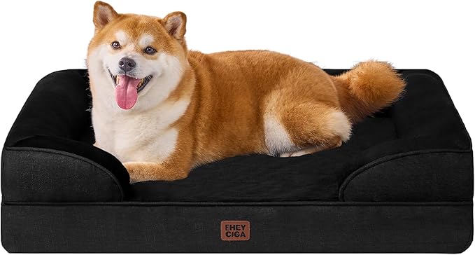 EHEYCIGA Orthopedic Dog Beds for Large Dogs, Waterproof Memory Foam Large Dog Bed with Sides, Non-Slip Bottom and Egg-Crate Foam Pet Couch Bed with Washable Removable Cover, Black-PawvioPets