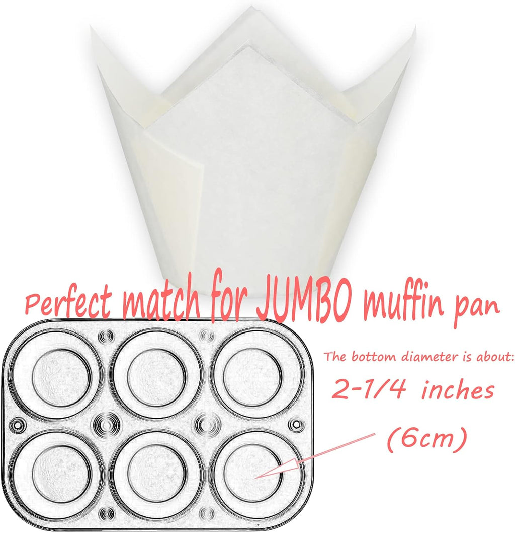 Jumbo Extra Large size White Tulip Baking Cups 2-1/4"(Base diameter) x 3-3/4"(Wall height) Greaseproof paper baking cupcake Muffin liners, Case of 130 pcs